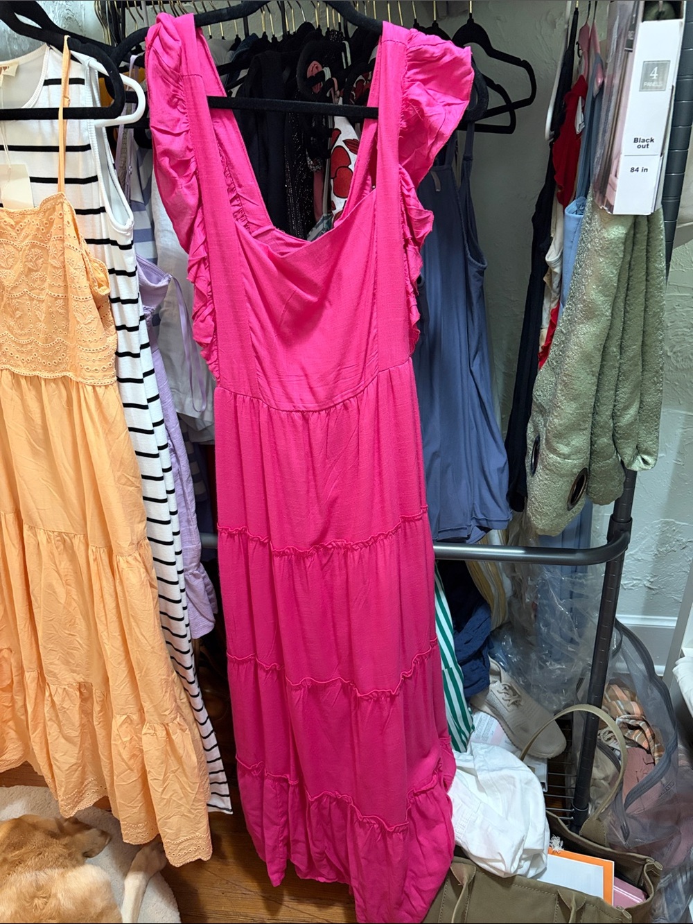 Ruffled Strap Bright Pink Tiered Maxi Dress